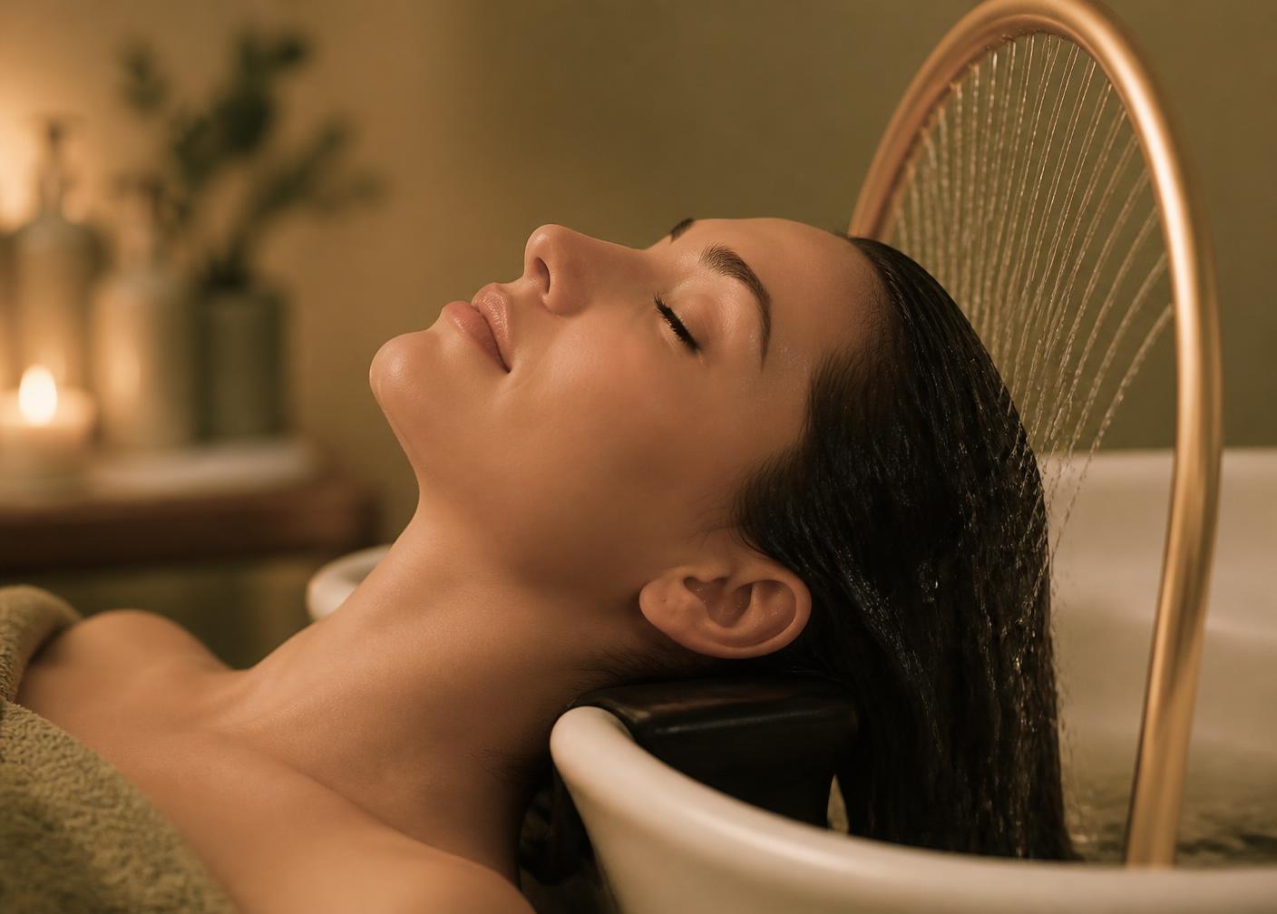 Soin Head Spa avec eau délicatement dirigée sur les cheveux