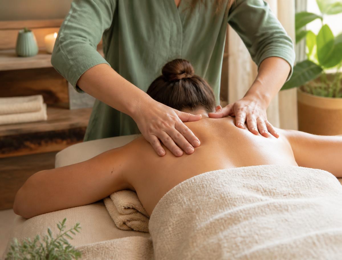 Mains d'une massothérapeute pendant un soin relaxant